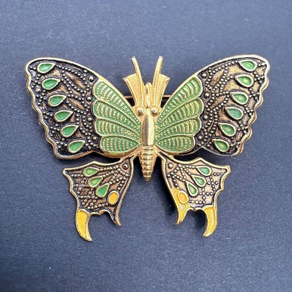 Vintage Damascene Butterfly Green Enamel Brooch Made in Spain Retro